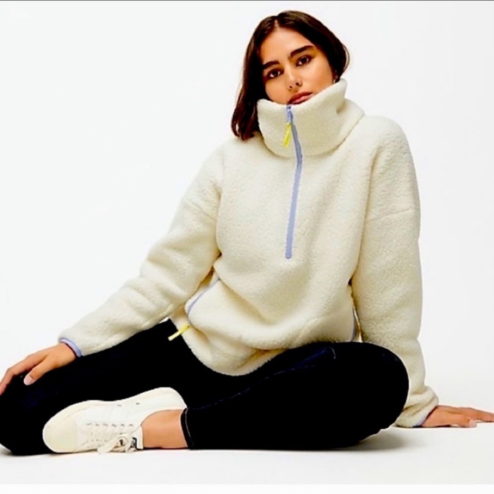 EUC J.Crew Cream Vintage Fleece Polartec Sherpa Half-Zip Sweatshirt Size Medium